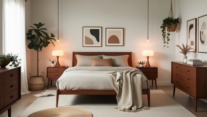 Fototapeta premium Modern bedroom decor with wooden bed, neutral palette, abstract art, and plants for a fresh look