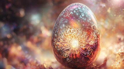 The egg image showcases a stunningly delicate fractal pattern and a shiny surface that reflects light in a kaleidoscope of hues.
