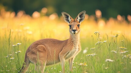 Fototapeta premium Serene Kangaroo Grazing in a Verdant Meadow, Soft-Focus Wildflowers and Grasses, Embracing the Tranquil Essence of Nature