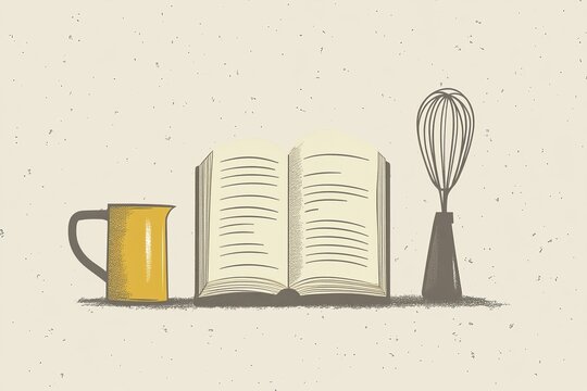 A Cookbook, Whisk, and Pitcher in a Vintage Style