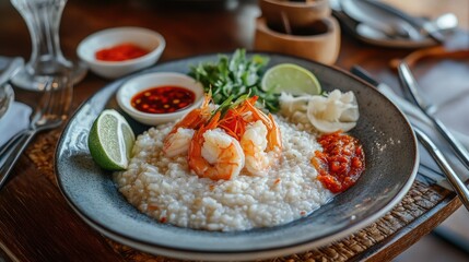 Delicious Shrimp Congee with Fresh Ingredients and Sauces