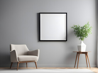 Blank picture frame mockup on a wall. Square orientation. Artwork template in interior design