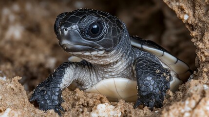 Obraz premium A Delicate Journey: A Tiny Turtle's First Steps Towards the Ocean.Concept of environmental conservation, marine life, wildlife, fragility of nature, Wildlife conservation, marine biology, environmenta