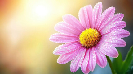 Obraz premium Macro shot of natural, beautiful pink flower with dew drops, glowing in sunlight, showcasing nature elegance and freshness