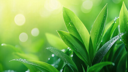 Fototapeta premium Macro shot of natural, Lush green leaves glistening with water droplets in vibrant natural setting. soft bokeh background enhances freshness and tranquility of nature
