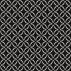 Simple abstract seamless pattern. Vector geometric texture with repeat elements, curved shapes, smooth flower silhouettes, diamonds. Black and white minimal background. Monochrome dark geo design