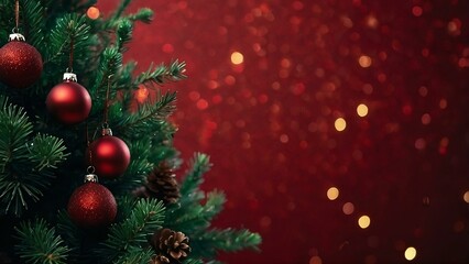 Christmas background and Christmas tree and sparkling bokeh lights in winter, merry christmas card holiday Happy New Year, space for text on red background 