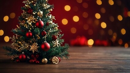 Christmas background and Christmas tree and sparkling bokeh lights in winter, merry christmas card holiday Happy New Year, space for text on red background 