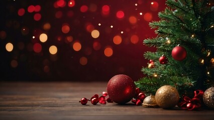 Christmas background and Christmas tree and sparkling bokeh lights in winter, merry christmas card holiday Happy New Year, space for text on red background 