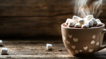 Steaming hot cocoa with marshmallows in heart cup