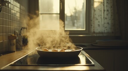 Freshly Cooked Eggs on a Stovetop in Morning Light