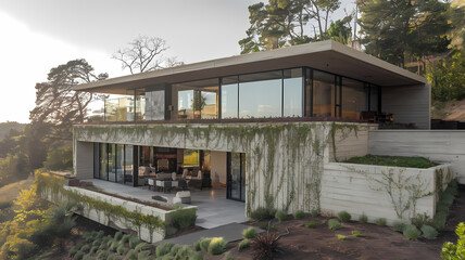 Obraz premium Modern hillside home with large glass windows, surrounded by lush greenery, featuring a spacious outdoor patio and a serene landscape, perfect for relaxation and entertainment.