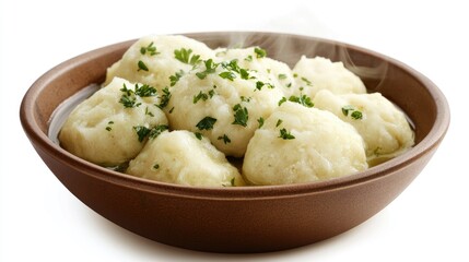 Steaming Dumplings in Rustic Brown Bowl