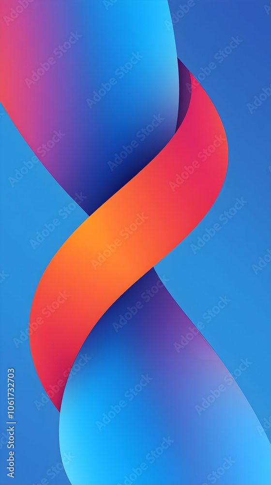 Wall mural abstract design of red, orange, and blue gradient ribbons twisting on a blue background.