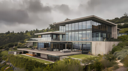 Fototapeta premium Modern hillside mansion with floor-to-ceiling glass windows, featuring spacious outdoor terraces and lush greenery, set against a dramatic cloudy sky. Ideal for luxury real estate.