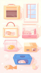 Cartoon illustration of a room with various animal cages and containers, including fish, hamsters, and a cat.