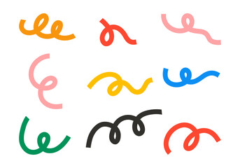 Abstract Curly Line Collection. A set of nine thick, curly line elements in various shapes, ideal for abstract designs. Perfect for adding a playful, modern touch to creative projects