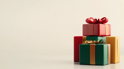 Obraz premium stack of gift boxes wrapped in vibrant red, green, and gold paper with elegant ribbons and bows, arranged neatly, isolated on a white background