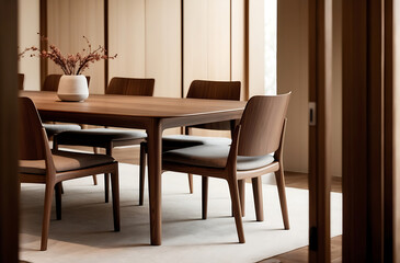 Close up details of modern designer touch dining room with wooden details in japandi style