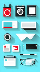 Flat design icons of business, technology, and office objects.