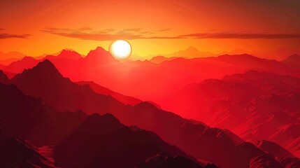 Glowing sunset over mountain peaks casting dramatic light and shadows