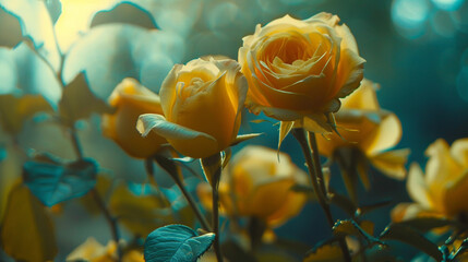 A bunch of yellow roses are in a field of green grass