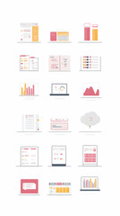 Set of 18 modern flat icons for web and mobile apps.  They include charts, graphs, data, analytics, reports, dashboards, and more.