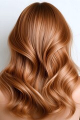 Fototapeta premium Hairdressing industry, women's hair color chestnut brown base with caramel highlights, back view, haircare shampoo conditioner product advertising.