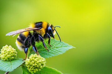 Bee perched on a leaf, vibrant green blurred background.