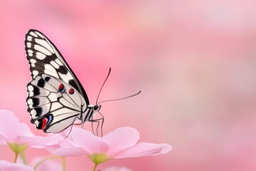 Obraz premium Butterfly resting on flower, vibrant pink background