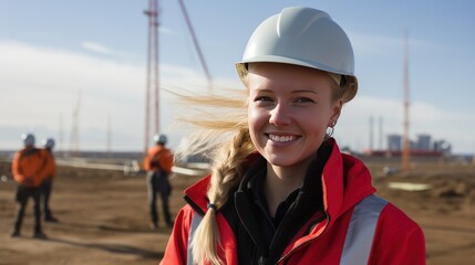 a young energy engineer with shoulder-length blonde hair, wearing a red hard hat and a black jacket
