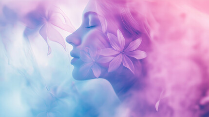 Fototapeta premium Sinnliche junge Frau mit natürlichem Make-up vor verschwommenem Blumenhintergrund, verträumter Blick, romantische Atmosphäre