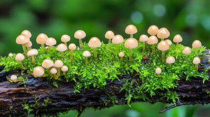 Tiny Mushrooms on Green Mossy Log