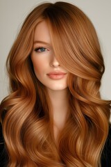 Fototapeta premium Hairdressing industry, women's hair color chestnut brown base with caramel highlights, front view, haircare shampoo conditioner product advertising.