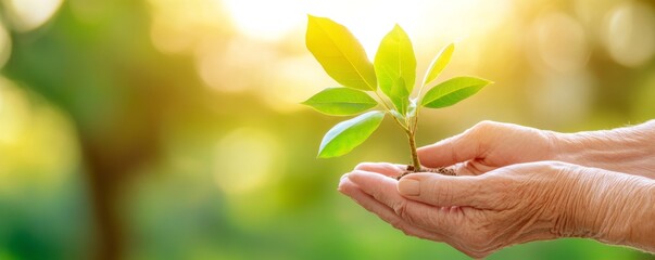 Hands holding a small sprouting plant with soft sunlight in the background.