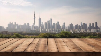 Wooden Square Table with City Skyline in Background