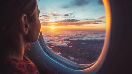 A solo traveler gazes out an airplane window at a colorful sunset, vibrant clouds, and distant landscapes below.