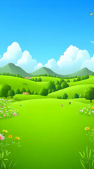 Obraz premium A picturesque view of a lush green meadow, rolling hills, and a blue sky with fluffy clouds.
