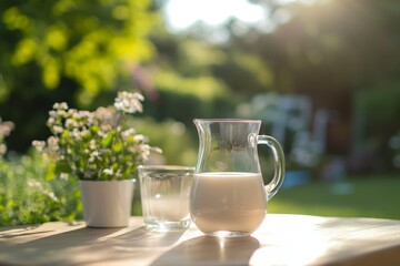 Fresh milk in a glass pitcher on a sunny table. A clear glass sits nearby. This scene evokes warmth and comfort. Perfect for food and drink themes. Generative AI