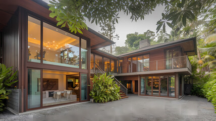 Fototapeta premium Modern tropical home surrounded by lush greenery, featuring large glass windows and a spacious outdoor area, perfect for relaxation and entertaining. Ideal for luxury living.