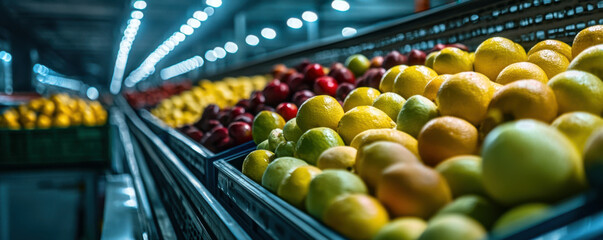 Fresh fruits displayed in warehouse with vibrant colors and bright lighting, showcasing lemons, apples, and other fruits in organized rows
