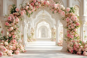 A grand white archway adorned with flowers generative AI