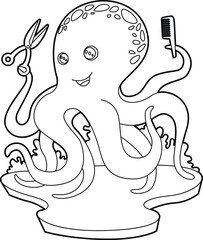 Octopus Hairdresser Scissors Animal Vector Graphic Art Illustration