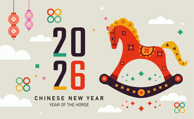 Happy Chinese New Year 2026, 2026 Year of the horse Chinese zodiac signs, modern flat geometric style Chinese zodiac horse