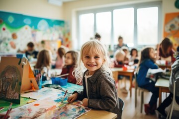 Fototapeta premium Happy kid drawing pictures school architecture building.