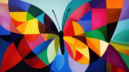 Obraz premium Abstract geometric colorful butterfly with wings in shades of yellow, red, pink, green, blue, and black on a light blue background.