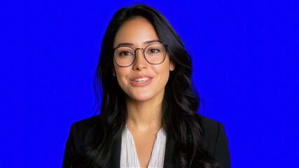 Looping upper body shot of a smiling teacher with glasses and long black hair speaking against blue screen background for chroma key
