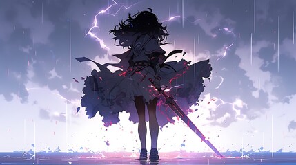 female superhero, she poses with a sword, colorful anime style