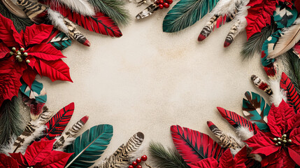 christmas background with red poinsettia and feather