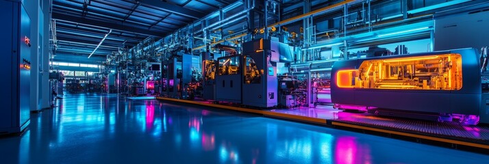 Naklejka premium Neon-lit industrial machines operating on renewable energy create an electric atmosphere, highlighting clean design within the factory.